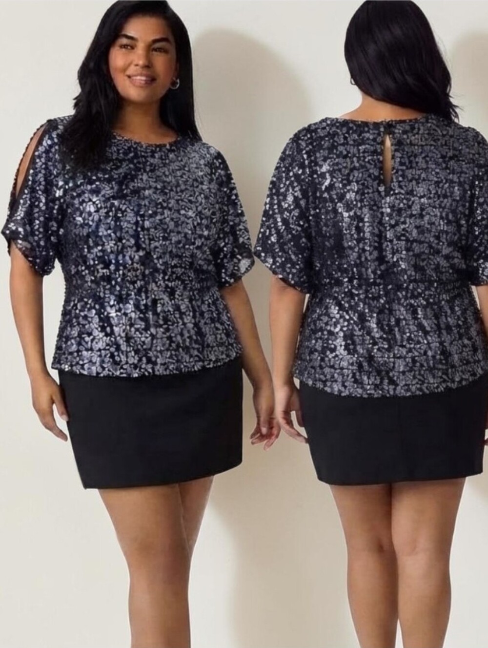 XSCAPE Navy Blue Sequined Flounce Blouse - Size 18